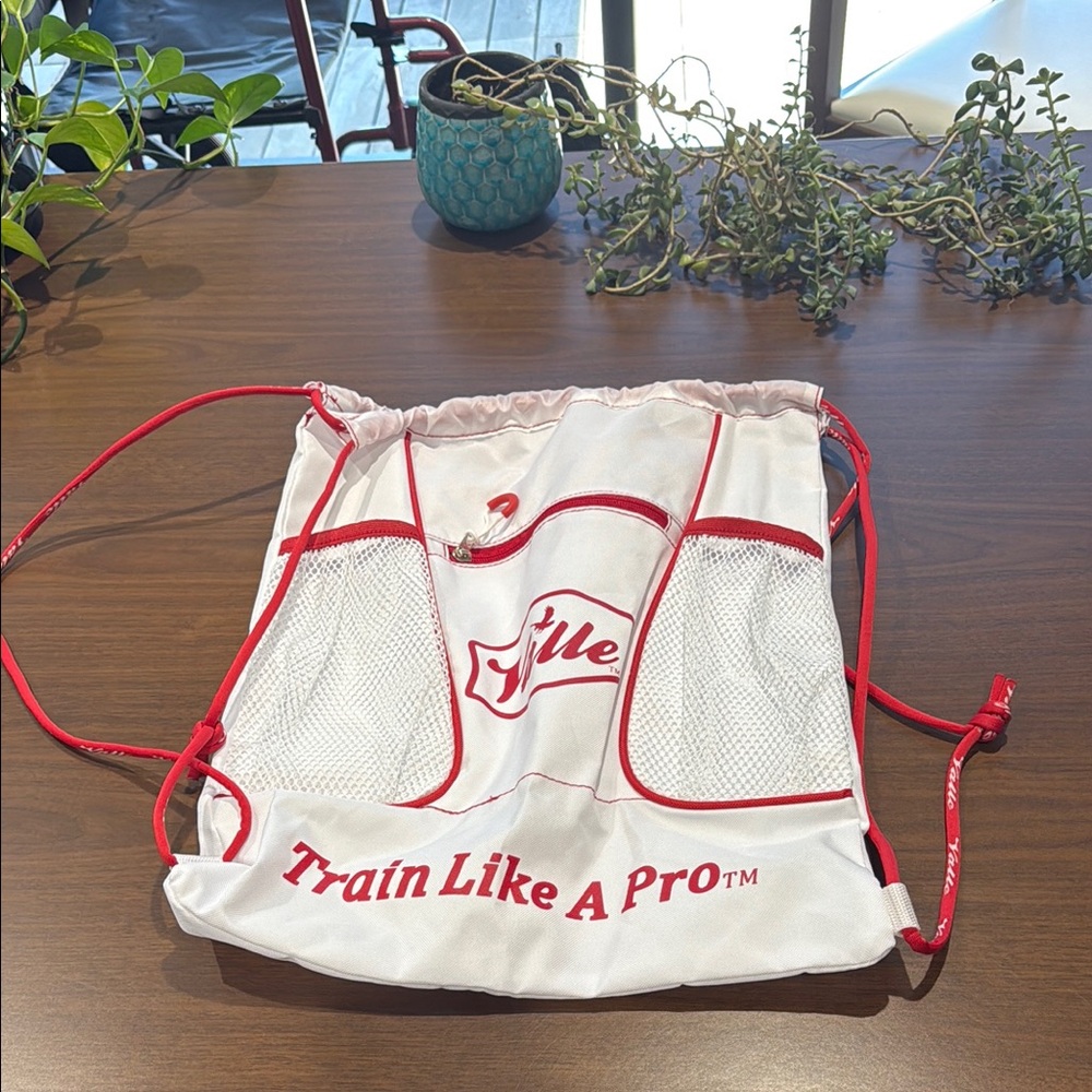 Red and White Drawstring Bag